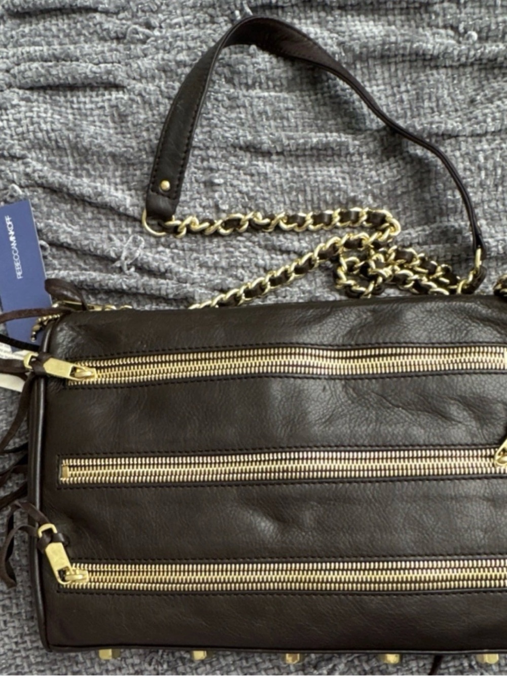 Rebecca Minkoff MAC zipper Dark Brown Leather Crossbody with Gold Chain Trim